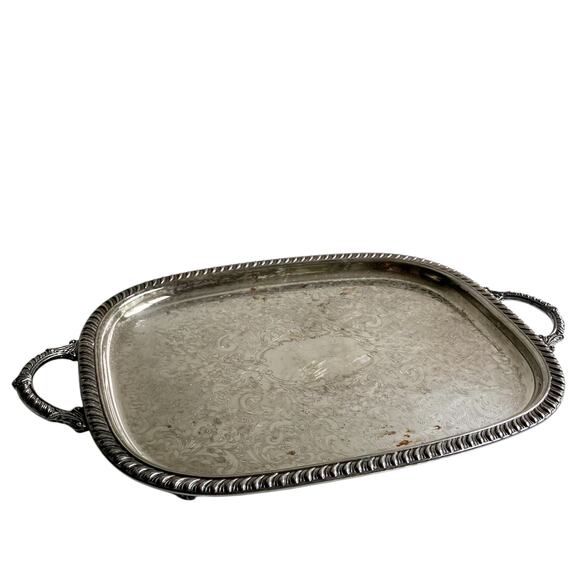 Vintage Leonard Silver Serving Tray Footed Side Handles Festive Holiday Platter - Picture 3 of 13